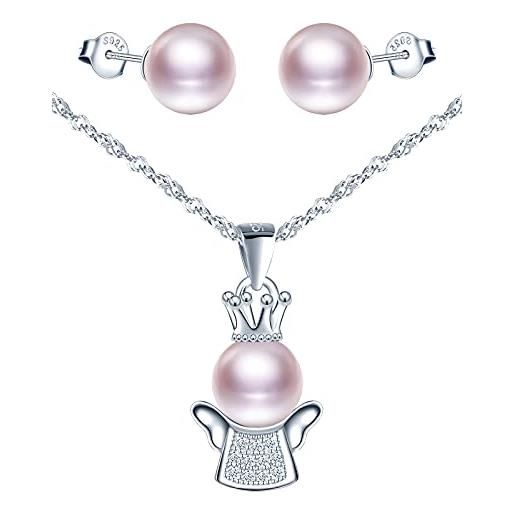 Yumilok- collana con ciondolo lady cute crown pendente con perla di angelo s925 set di orecchini di perle in argento sterling da donna in argento sterling