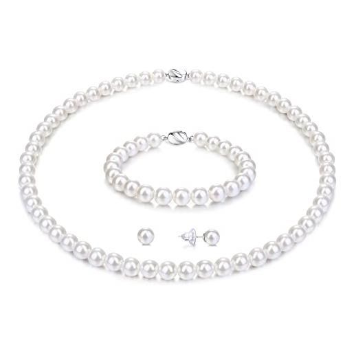 Morfetto collana di perle set per le donne degli uomini bianco rotondo simulato borsette sterling argento collana di perle orecchini 6mm choker collana di perle set con confezione regalo 18inch
