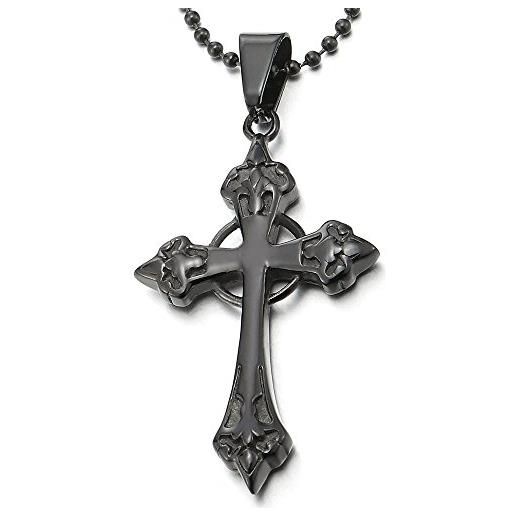 COOLSTEELANDBEYOND unisex gotico collana con pendente nero cerchio croce, ciondolo uomo donna, acciaio inossidabile, palla catena 60cm