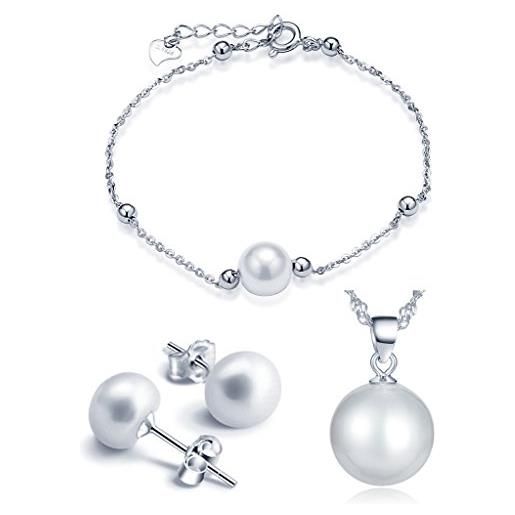 Yumilok - collana di perle, argento sterling 925, braccialetto con charm, orecchini da buco, parure di gioielli catenina con ciondolo, bracciale, orecchini, set da donna/ragazza