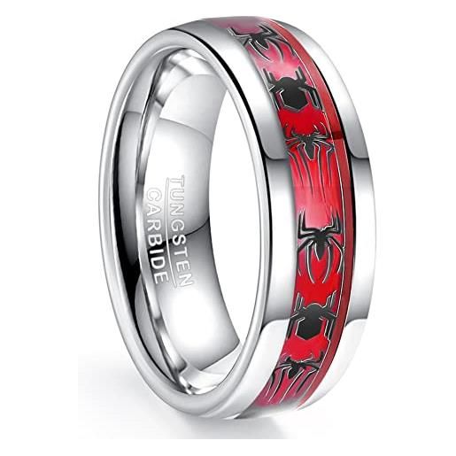 NUNCAD 8mm anello personalizzato uomo placcato argento con motivo ragno nero+opale di carta rossa, anello in tungsteno cupola comodo taglia 24.5