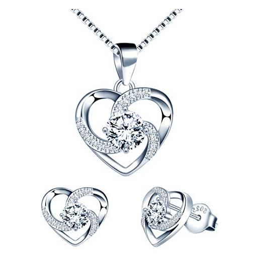 Yumilok - set di collana e orecchini a forma di cuore in argento 925, con zirconi incastonati