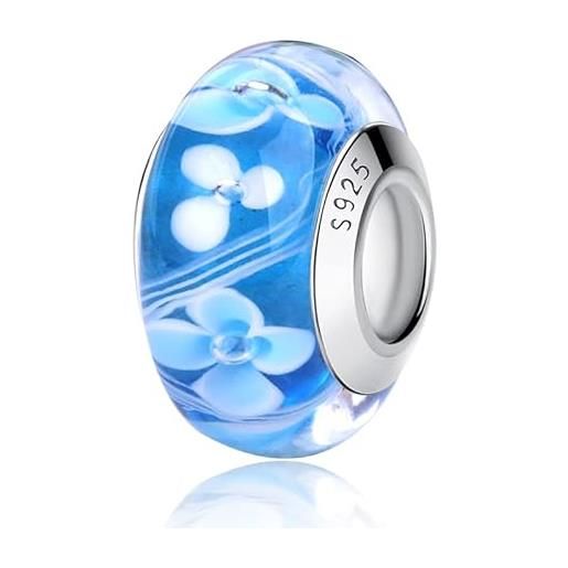 Nbsameng charm glitter in vetro di murano, ciondolo per braccialetti e catenine per donna, ciondoli in argento 925% , blu