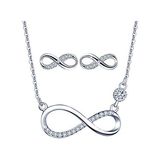 Yumilok collana da donna in argento sterling 925, con simbolo dell'infinito, ciondolo con zirconi, orecchini a cerchio, set di gioielli per donne, ragazze, oro rosa