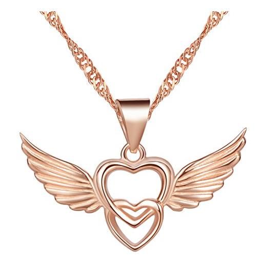 Yumilok, collana in argento sterling 925 con ciondolo a forma di cuori intrecciati con ali d'angelo, per donne e ragazze e argento, colore: oro rosa, cod. Y30106-r