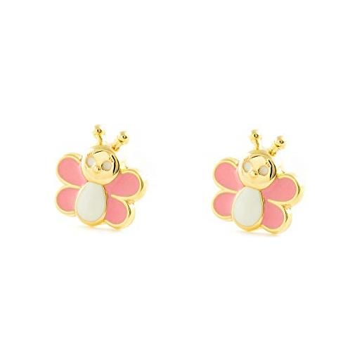 Monde Petit orecchini da bambina in oro a forma di farfalla, smaltati rosa e bianco