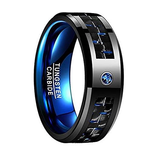 Phyonio uomo anelli 8mm nero tungsteno anello con blu fibra carbonio e zircone taglia 22,5