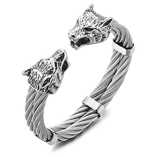 COOLSTEELANDBEYOND regolabile bracciale da uomo, testa di lupo due file cavo intrecciato braccialetto del polsino, acciaio inossidabile