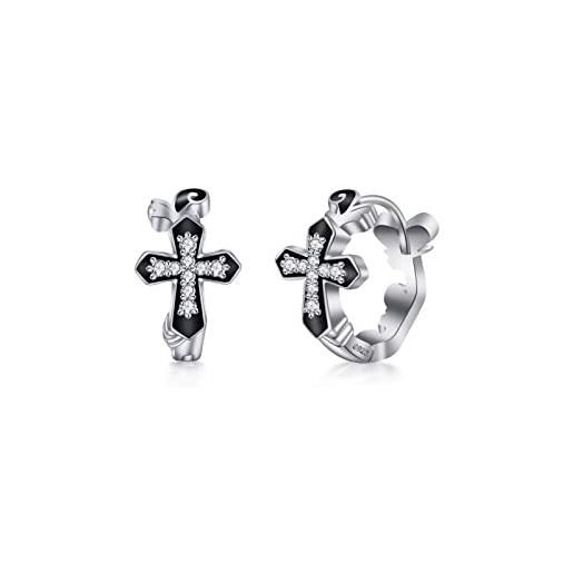 PHNIBIRD orecchini a croce per donna a forma di croce nera con motivo floreale orecchini a cerchio da uomo in argento sterling 925 per il tempo libero quotidiano