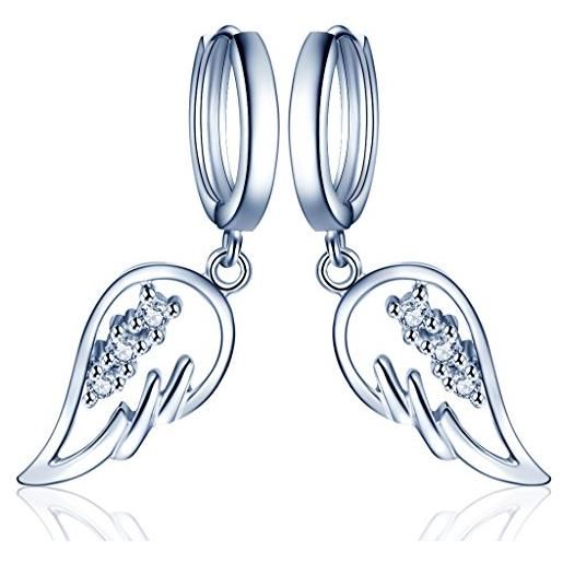 Yumilok - orecchini a cerchio con pendente con motivo ad ali d'angelo, in argento sterling 925 con zirconi, fatti a mano, ipoallergenici, per donne e ragazze