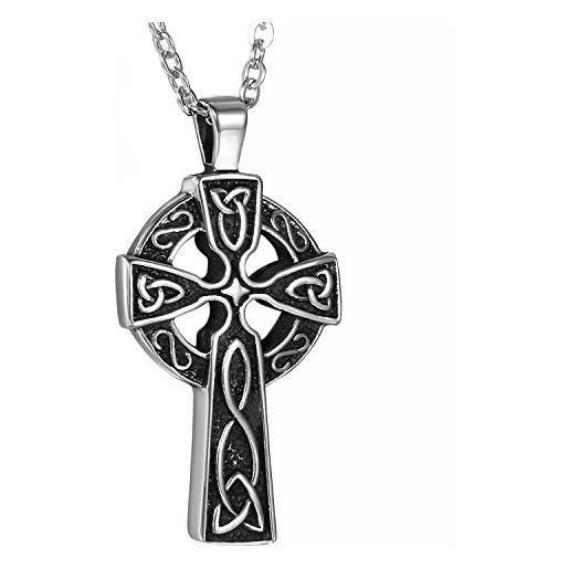 Oidea ciondolo da uomo in acciaio inox a forma di crocefisso, nodo celtico irlandese, con collana da 55 cm, color argento