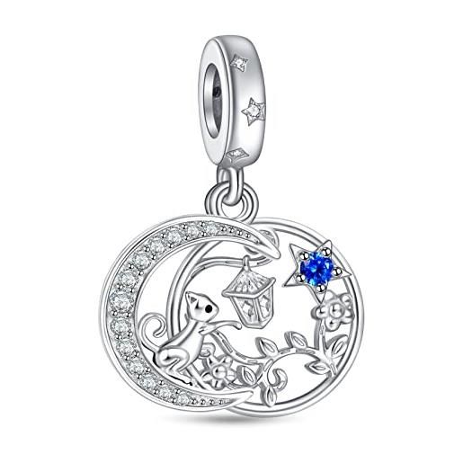 NINGAN 925 colgante de encanto gatito de plata esterlina colgante de circonita azul brillante para pulsera de señora