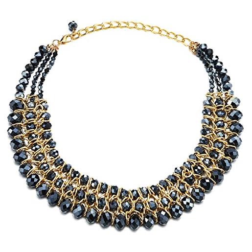 COOLSTEELANDBEYOND girocollo collana blu scuro sfaccettato cristallo perline stringa perle oro intrecciato catena pendente tre filoni