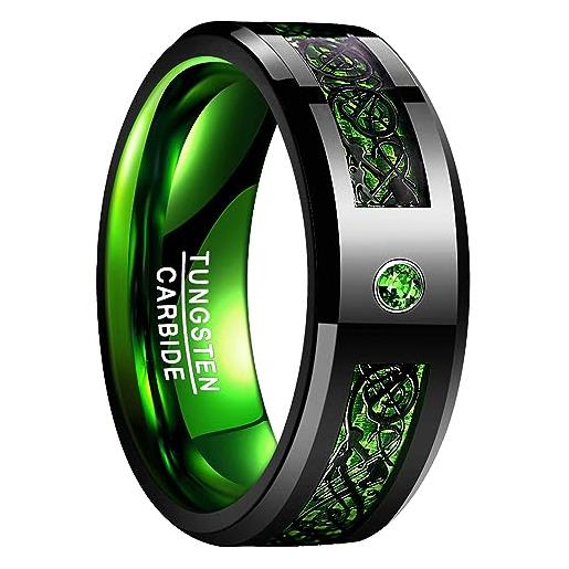 NUNCAD 8mm anello drago celtico nero e fibra di carbonio verde con zircone verde in carburo di tungsteno per uomo donna matrimonio fidanzamento anniversario taglia 30