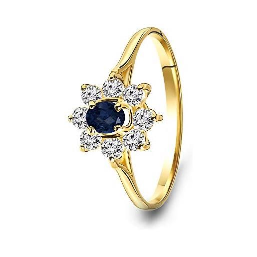 Miore - anello di fidanzamento in oro giallo 14 carati 585, con zaffiro blu e zirconi taglio rotondo (18)