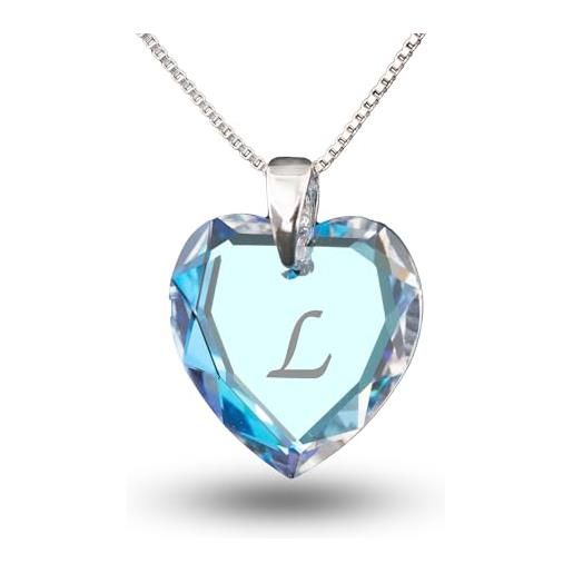 Kristallwerk collana in argento 925, con ciondolo a forma di cuore contenente elementi di cristalli swarovski e una lettera alfabetica incisa. Colore: azzurro. Personalizzabile e argento, colore: buchstabe l , cod. 622518001blablks