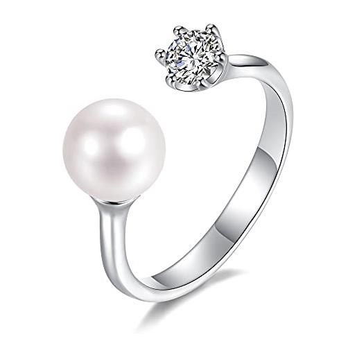 LUCKMORA anelli di perle da donna in argento sterling 925 regolabile aperto con zirconia naturale rotonde coltivate d'acqua dolce perline anello ragazza (pd)