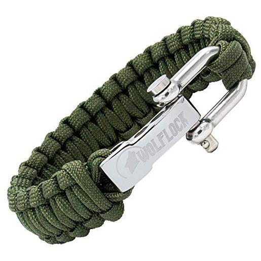 Wolflock | braccialetto in paracord, per sopravvivenza all'aperto, nero, marrone, verde, nero e bianco, chiusura rapida in acciaio inox, colore: verde militare, cod. Wlsv19