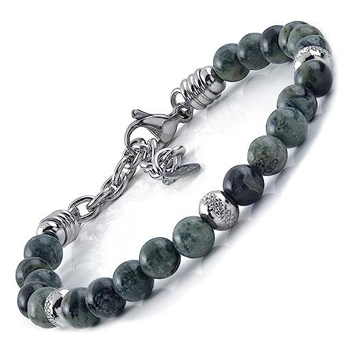 10:10 bracciale con pietre naturali diaspro verde da 6 mm, beads in acciaio inox, bracciale molto resistente prodotto in italia. 