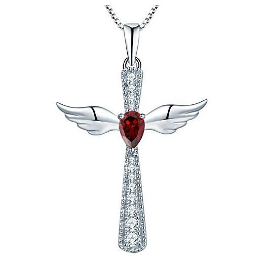 YL collana croce ala d'angelo 925 argento pietra portafortuna gennaio granato ciondolo angelo custode per donna, catena 45+3cm