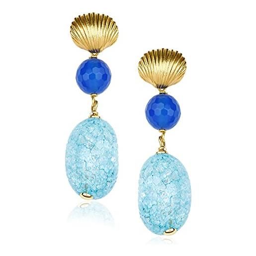 MISIS - orecchini donna ragazza con pietra agata blu e cristallo di rocca - conchiglia in argento 925 placcato oro 18kt - made in italy