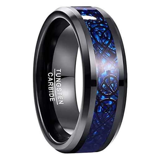 NUNCAD 8mm anello uomo/donna nero in tungsteno con drago celtico e fibra di carbonio blu per matrimonio fidanzamento, taglia 10.5