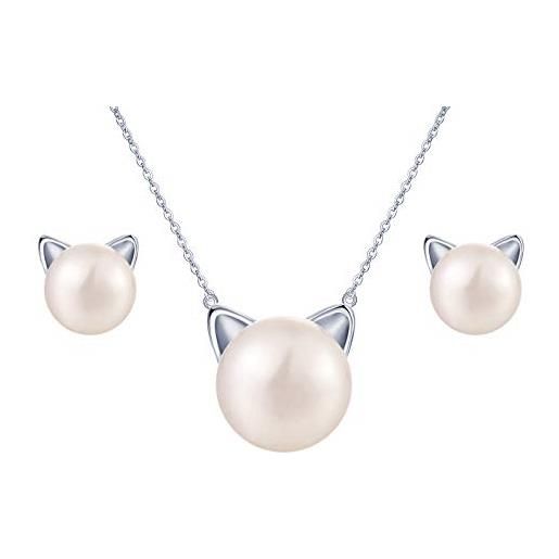 Yumilok collana da donna in argento sterling 925, con ciondolo a forma di gatto, gattino, perline, orecchini per donne e ragazze, argento sterling, perla