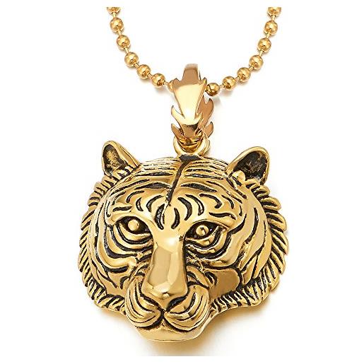 COOLSTEELANDBEYOND oro tigre testa collana con pendente da uomo donna, ciondolo acciaio inossidabile, palla catena 75cm