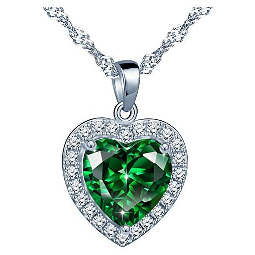 Yumilok jewelry - catenina in argento sterling 925 con ciondolo a forma di cuore con smeraldo sintetico, per donna/ragazza, verde
