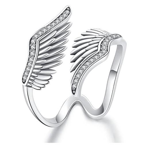 Friggem anello donna in argento sterling 925, anello aperto regolabile anelli piume anello ali d'angelo zirconia cubica fidanzamento anello per donna ragazza fidanzata