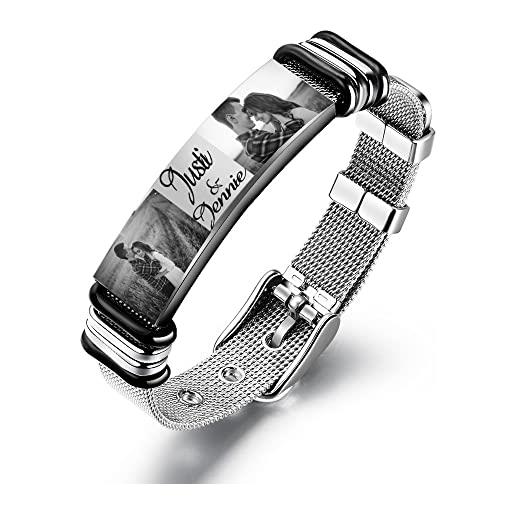 kaululu personalizzata bracciale con nomi foto donna uomo personalizzabile incisione in acciaio bracciale per uomo papa bff regalo di compleanno anniversario (argento)
