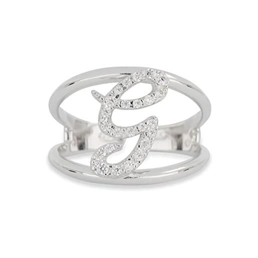 Artlinea, anello in argento 925 sterling, gioiello personalizzato con la lettera g corsiva, con pavé zirconi, retro aperto con misura regolabile 19-24, made in italy