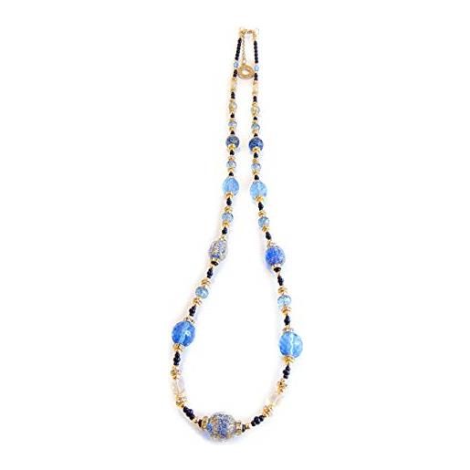 VENEZIA CLASSICA - collana da donna lunga 85cm con perle in vetro di murano originale, collezione diana, blu con foglia in oro 24kt, made in italy certificato
