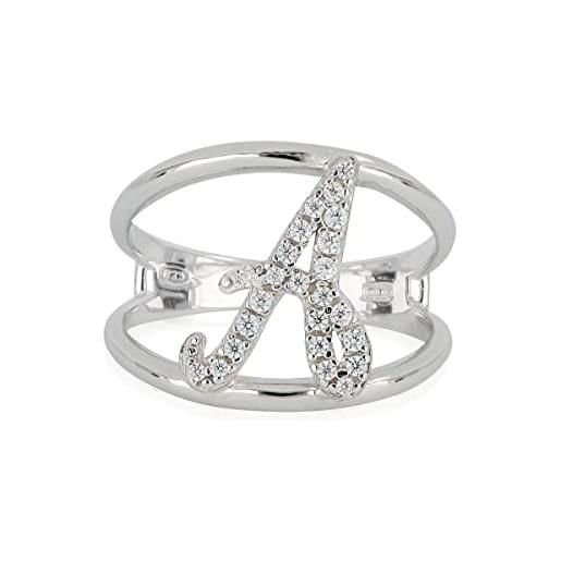 Artlinea, anello in argento 925 sterling, gioiello personalizzato con la lettera a corsiva, con pavé zirconi, retro aperto con misura regolabile 12-18, made in italy