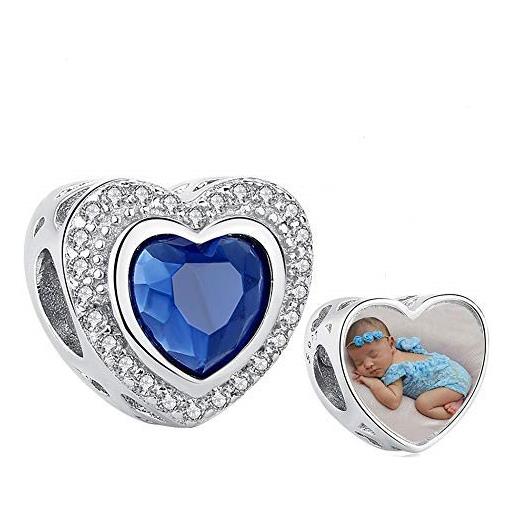 jewelora donna cuore forma ciondolo charms bead argento foto personalizzata per bracciale per la madre regalo per il compleanno dell'anniversario del ringraziamento di natale (zaffiro)