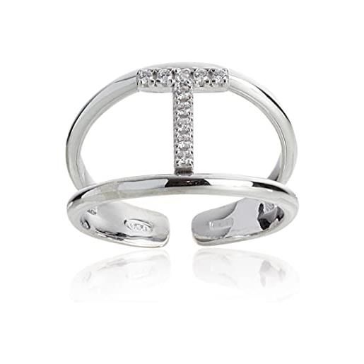 Artlinea, anello in argento 925 sterling, gioiello personalizzato con la lettera t maiuscola, con pavé zirconi, retro aperto con misura regolabile 12-18, made in italy