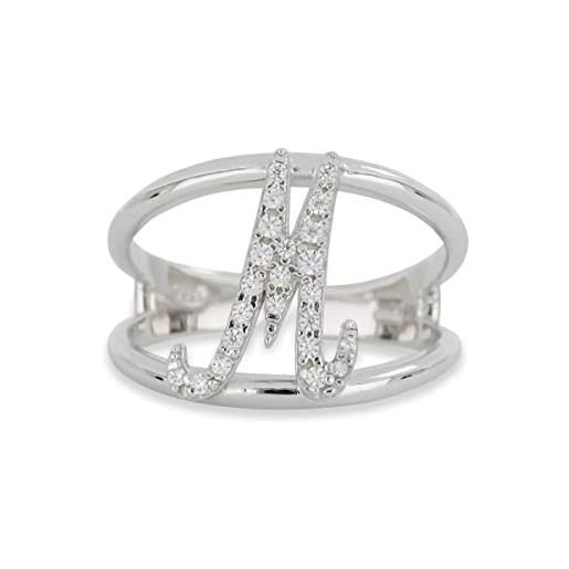 Artlinea, anello in argento 925 sterling, gioiello personalizzato con la lettera m corsiva, con pavé zirconi, retro aperto con misura regolabile 12-18, made in italy