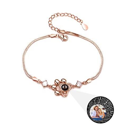 QNTYCT braccialetto personalizzato con proiezione di foto braccialetto personalizzato con zampa di cane braccialetto in argento sterling 925 ti amo 100 lingue regali per coppie donne natale (oro rosa)