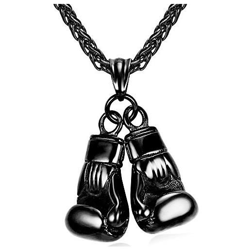 U7 collana pendente uomo guantoni da boxe boxing per pugile cindolo + catena regolabile, gioiello sportivo, acciaio inossidabile, regalo natale, confezione, nero