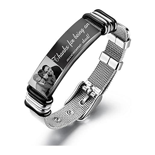 kaululu uomo personalizzato bracciale con nome foto inciso in acciaio inossidabile braccialetto regalo per festa del papà/san valentino/compleanno/natale (nero-1)