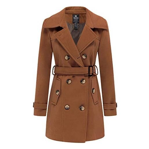 Wantdo cappotto doppiopetto misto lana parka classica media lunghezza giubbotto antivento invernale caldo giacca slim fit con cintura vintage donna caramello 46