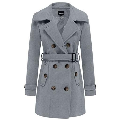 Wantdo cappotto doppiopetto misto lana parka classica media lunghezza giubbotto antivento invernale caldo giacca slim fit con cintura vintage donna grigio-n 44