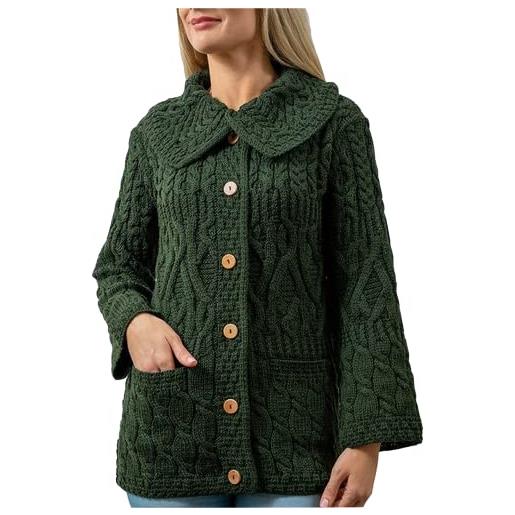 Aran Woollen Mills cardigan lungo irlandese per donna 100% lana merino lavorato a maglia 3 modello made in ireland, denim, l