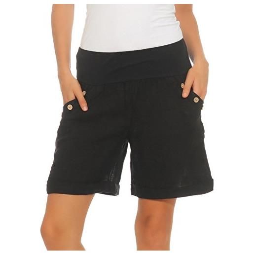 Mississhop - pantaloncini estivi da donna, in 100% lino, con bottoni, per la spiaggia e il tempo libero bianco l