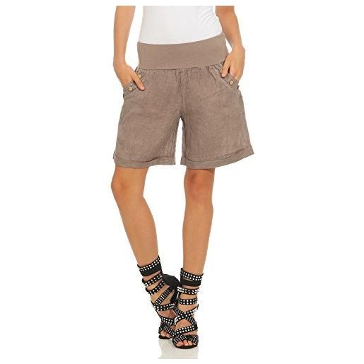 Mississhop - pantaloncini estivi da donna, in 100% lino, con bottoni, per la spiaggia e il tempo libero fango con tre bottoni. L