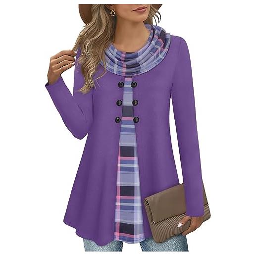 Gaharu maglia a tunica da donna, a maniche lunghe, elegante, con collo sciallato, patchwork, viola. , xl