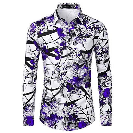 PARKLEES camicia da uomo a maniche lunghe con stampa floreale e bottoni, 105-viola, xxl