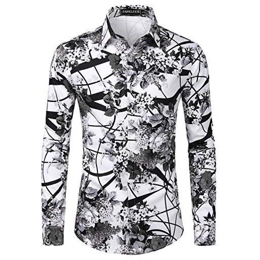 PARKLEES camicie floreali da uomo stampate a maniche lunghe con bottoni a maniche lunghe e maniche corte, 105-grigio, m