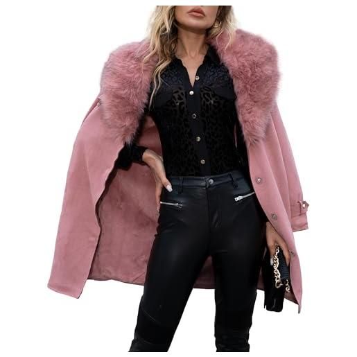 Giacca donna in ecopelle con collo in pelliccia sintetica parka manica  lunga con tasche caldo cappotto invernale con cintura