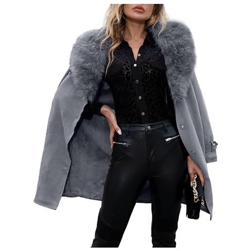 Giolshon giacca a vento da donna in ecopelle scamosciata, lungo cappotto invernale caldo con collo in pelliccia staccabile ff20 grigio xl